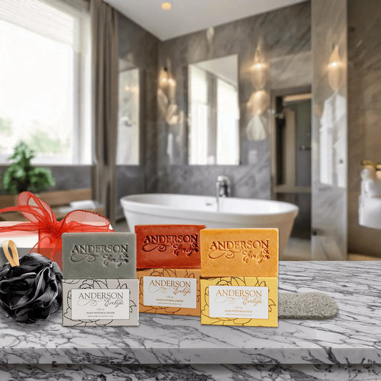 Assorted natural soap bars on a marble countertop in a bright, modern bathroom with a bathtub.